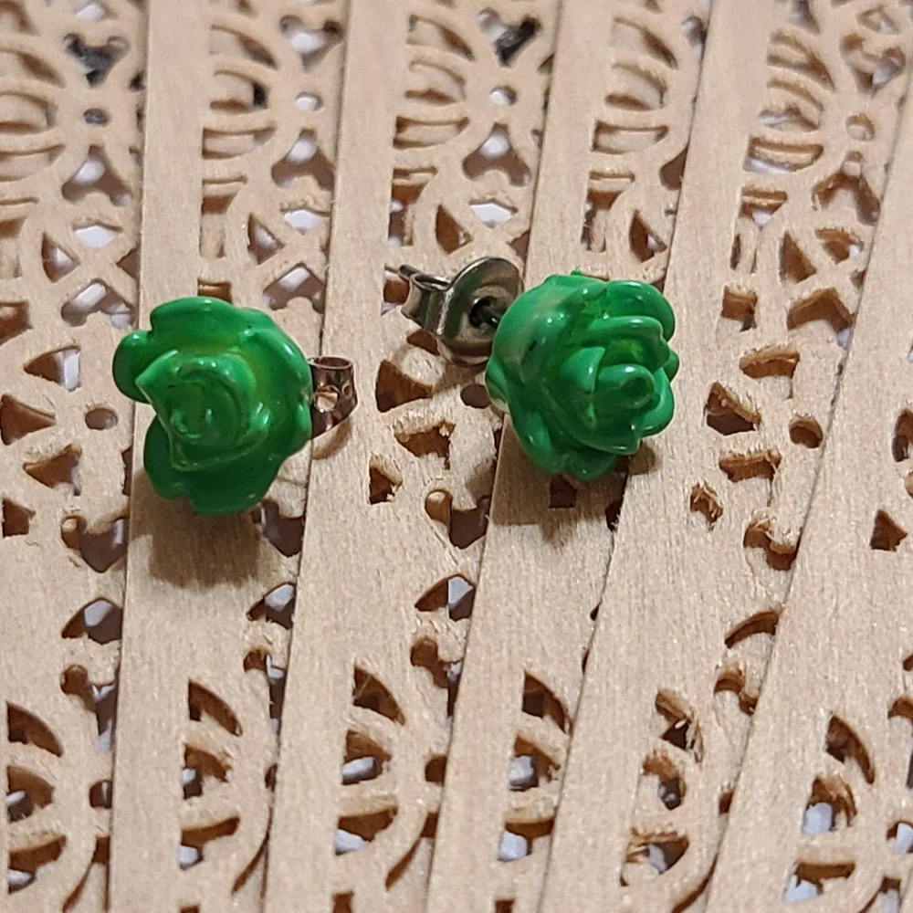 Green Rose Stud Earrings